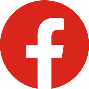 Facebook logo in red circle.